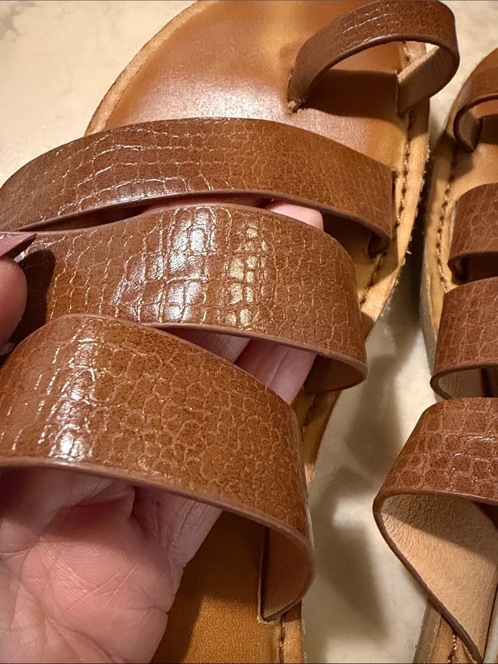 Yellow Box Cognac Brown Leather Triple-Strap Slide - Picture 4 of 4